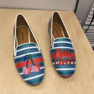 Kate Spade Lounge Cherries Striped Raffia Loafers Flats Shoes Slip-On Size 6B